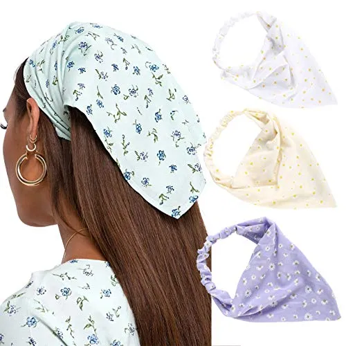 AWAYTR Floral Elastic Hair Scarf Headband - 3 PCS Chiffon Head Kerchief Headband Print Floral Hair Scarves with Hair Clips Kerchief Head Scarf Hair Bandanas for Women (White/Beige/Purple)