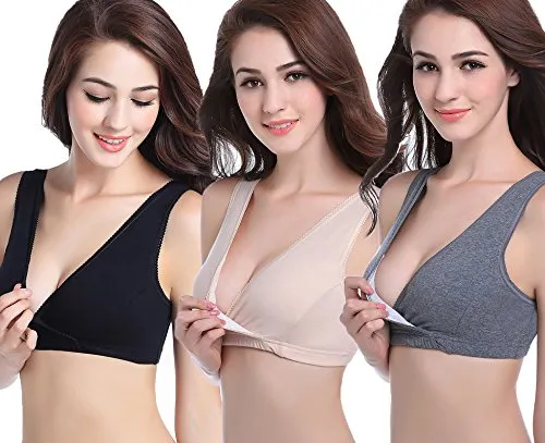 CAKYE Women's Maternity Nursing Bra for Sleep and Breastfeeding 3 Pcs/Pack (Medium/36B,36C,36D, Black/Deep Grey/Nude)