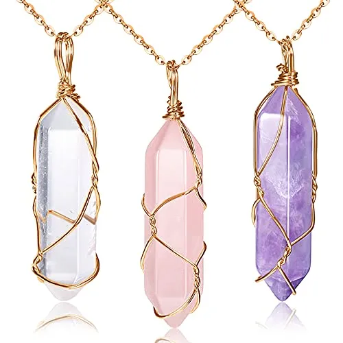Yaomiao 3 Pieces Crystal Necklaces, Quartz Pendant Energy Healing Crystal Necklace Natural Hexagonal Gemstone Pendant for Women Girls (Light Color with Gold Wire)