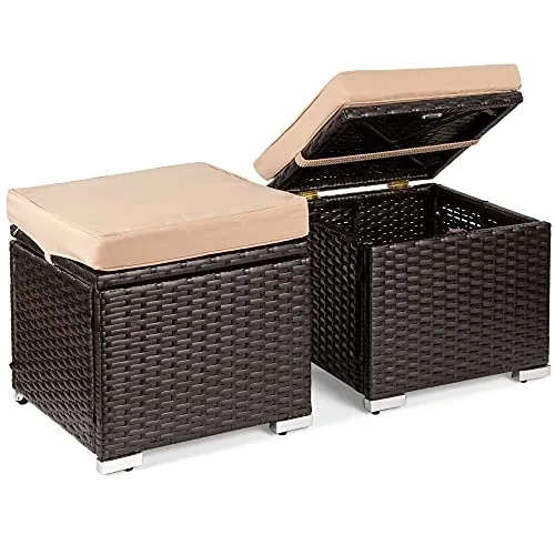 Best Choice Products Set of 2 Wicker Ottomans, Multipurpose Outdoor Furniture for Patio, Backyard, Additional Seating, Footrest, Side Table w/Storage, Removable Cushions - Brown/Beige