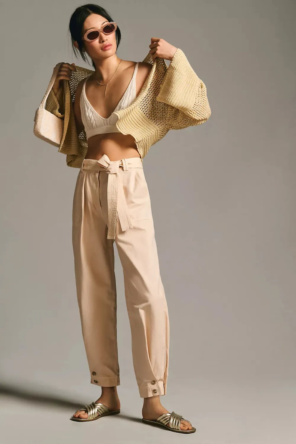 Moon River Pleated Tie-Belt Pants