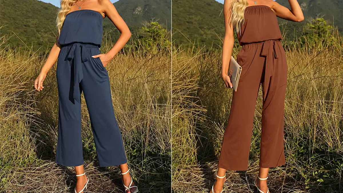ZESICA Strapless Belted Wide Leg Jumpsuit