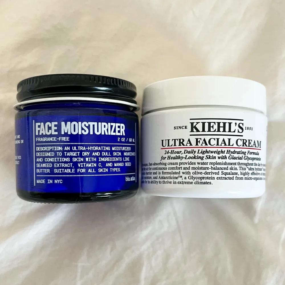 Blu Atlas Face Moisturizer (left), Kiehl&rsquo;s Ultra Facial Cream (right)