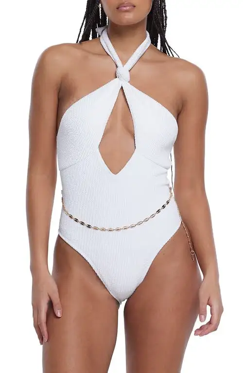 River Island Textured Chain Belt One-Piece Swimsuit in Cream at Nordstrom, Size 4