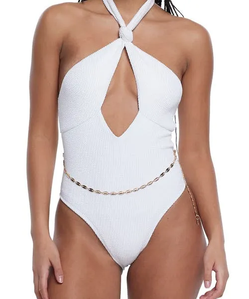 River Island Textured Chain Belt One-Piece Swimsuit in Cream at Nordstrom, Size 4