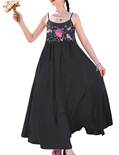 YESNO Summer Dresses for Women Casual Loose Bohemian Dress with Pockets Spaghetti Strap Maxi Dress with Floral Embroidered Decorated L E70 Black