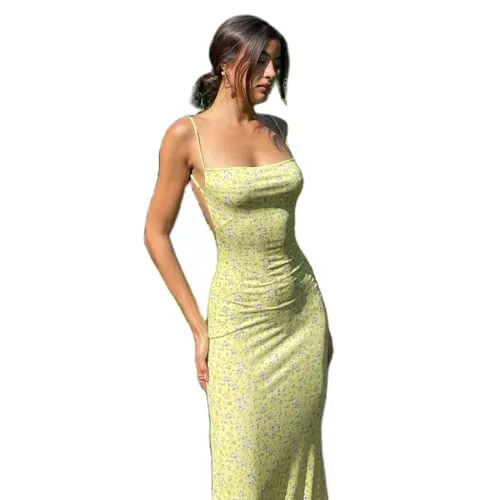 Women Cutout Backless Maxi Dress Sexy Sleeveless Split Cocktail Dresses Bodycon Spaghetti Strap Long Dress Party(Floral Yellow,M)