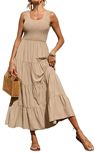 PRETTYGARDEN Women's Casual Dresses Crew Neck Summer Sleeveless Tiered Maxi Dress Beige Dress Women Tank Holiday Dress (Apricot,Medium)