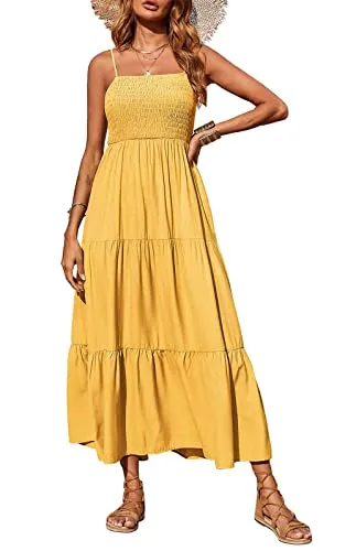 PRETTYGARDEN Women's Summer Maxi Dress Casual Boho Sleeveless Spaghetti Strap Smocked Tiered Long Beach Sun Dresses Yellow