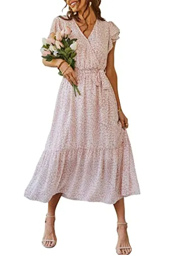PRETTYGARDEN Women's 2023 Floral Summer Dress Wrap V Neck Short Sleeve Belted Ruffle Hem A-Line Bohemian Maxi Dresses (Pink,Medium)