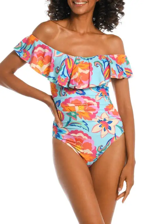 La Blanca Breezy Ruffle Off the Shoulder One-Piece Swimsuit in Multi at Nordstrom, Size 4