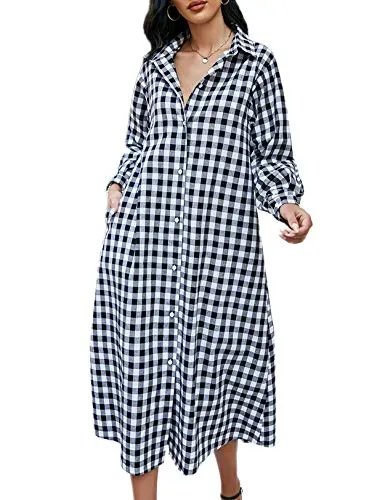 Sopliagon Women Cotton and Linen Shirt Dress Casual Loose Maxi Dresses Blackplaid M