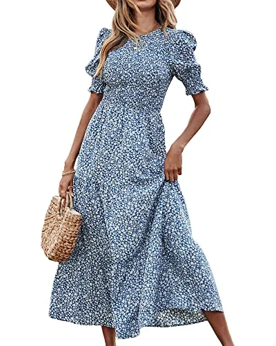 BTFBM Women Casual Summer Dresses 2023 Spring Crew Neck Ruffle Short Sleeve Floral Leopard Smocked Boho Flowy Maxi Dress(Floral Blue White, Medium)