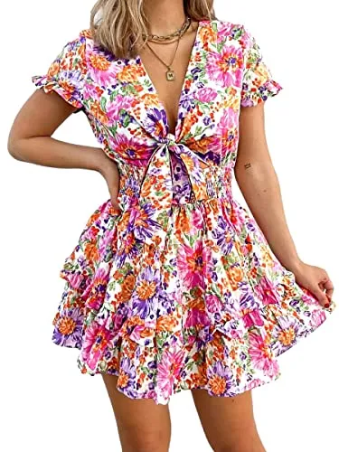 PRETTYGARDEN Women's 2023 Summer Swing Mini Dress Tie Front V Neck Short Sleeve Ruffle Layer A-Line Short Dress(Floral White,Large)