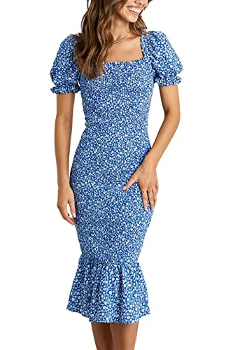 PRETTYGARDEN Women's Summer Floral Midi Bodycon Dresses Short Puff Sleeve Square Neck Ruffle Hem Mermaid Cocktail Dress (Blue,Small)