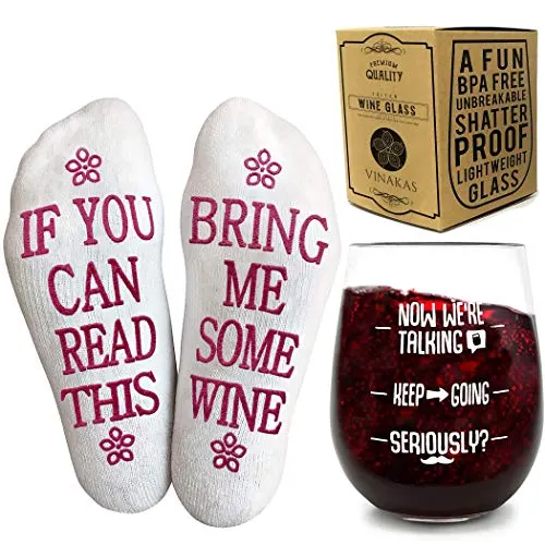 Mothers Day Gifts Basket for Women - Funny Unbreakable 15Oz Wine Glass and Funny Wine Socks &ldquo;If You Can Read This, Bring Me Some Wine" . The Best Mothers Day Gifts for Mom.