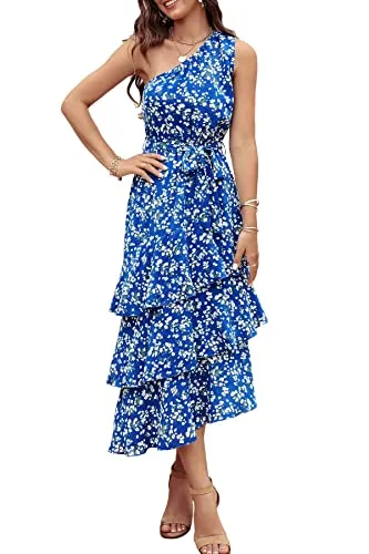PRETTYGARDEN Women's Summer Floral Sundress Casual One Shoulder Tiered Ruffle Flowy Midi Beach Boho Dresses (Floral Royal Blue White,Medium)