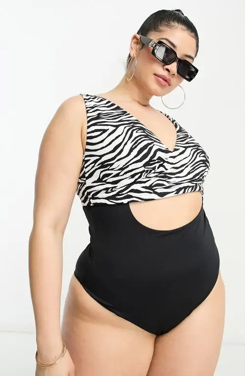 ASOS DESIGN Curve Cutout One-Piece Swimsuit in White Multi at Nordstrom, Size 12W Us