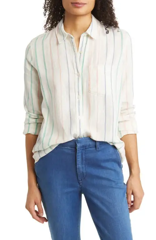 caslon(r) Casual Linen Blend Button-Up Shirt in Ivory- Multi Bolinas Stripe at Nordstrom, Size Small