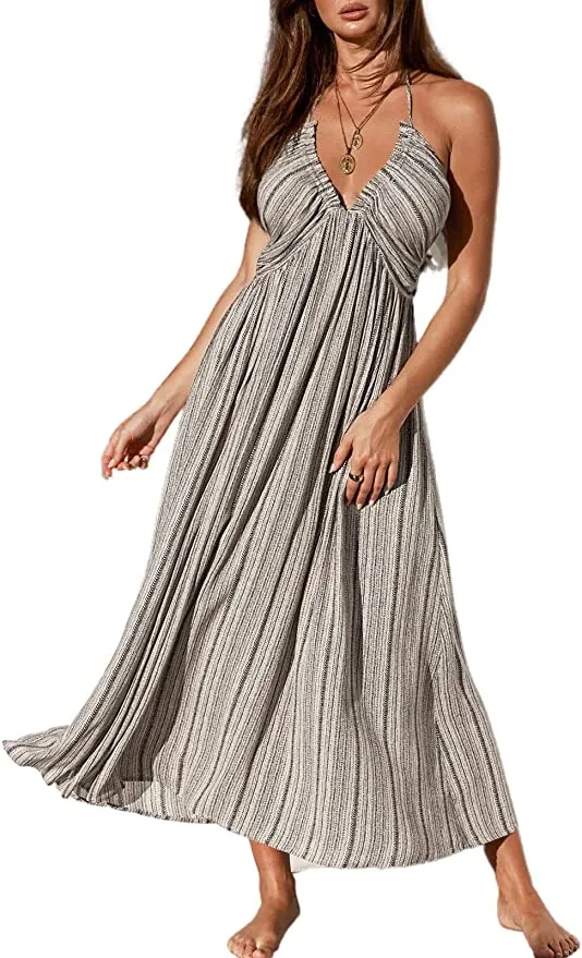 CUPSHE Women Summer Halter Smocked Maxi Dress
