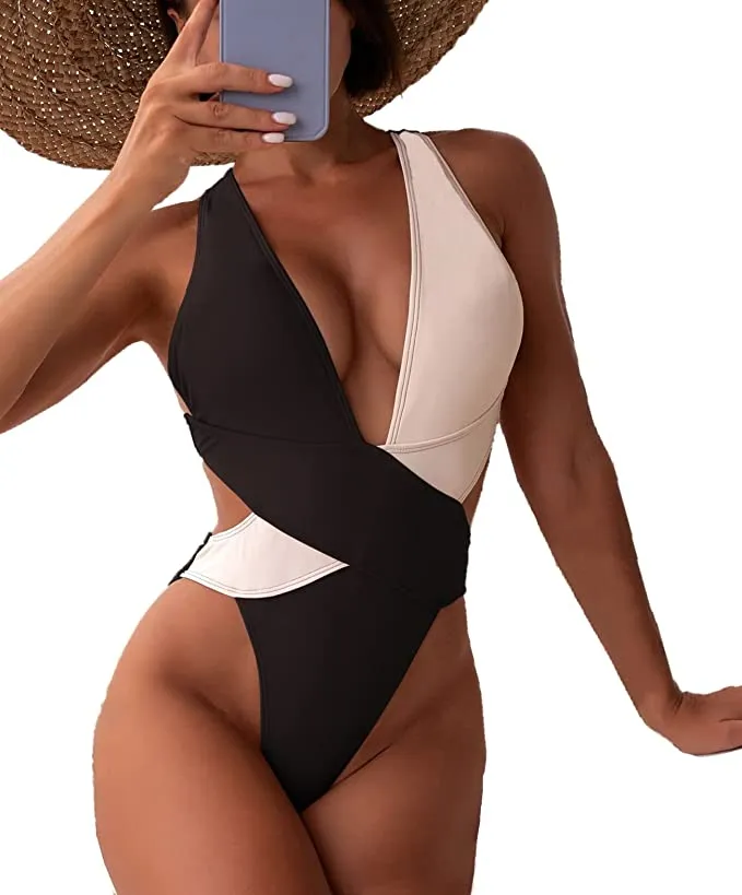 Meetall Women's Sexy Color Block One Piece Cutout Swimsuit