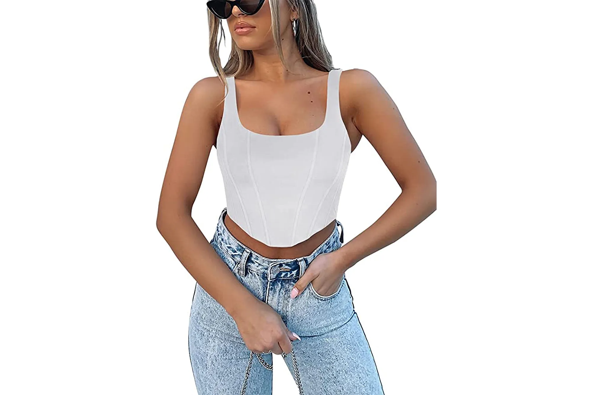 REORIA Women's Square Neck Corset Crop Tank Top