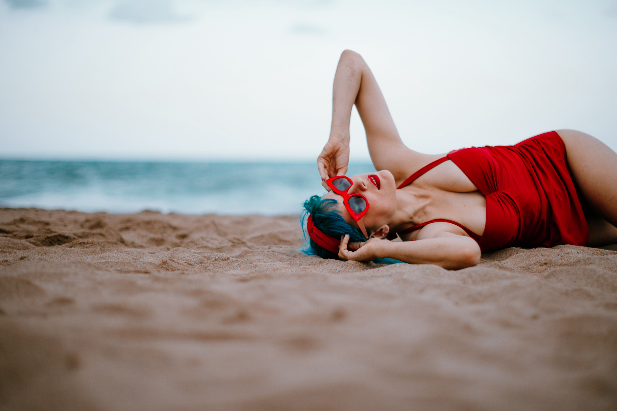 Woman-Wearing-Red-Swimsuit-Stock-Photo