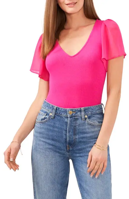 1.STATE Flutter Sleeve Rib Knit T-Shirt in Cabaret Red at Nordstrom, Size X-Large