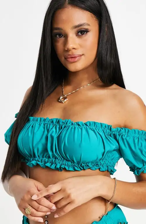 ASOS DESIGN Puff Sleeve Bikini Top in Medium Green at Nordstrom, Size 4 Us