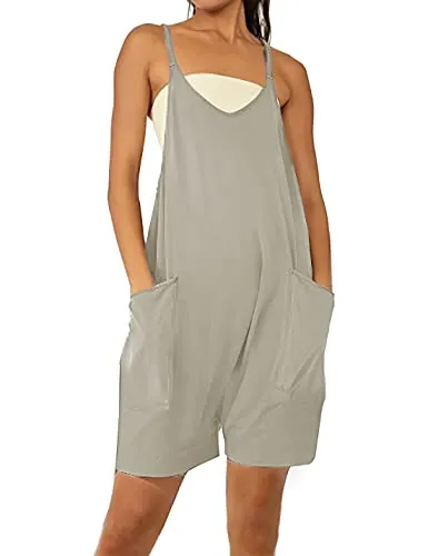 Seetaa Womens Rompers Overall Shorts Stretchy Adjustable Straps Big Side Pockets Short Jumpsuits(-LightGrey-M)