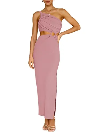 ANRABESS Women&rsquo;s Summer Sexy Bodycon Maxi Gradution Dress 2023 Prom Dresses One Shoulder Sleeveless Sexy Cut Out Formal Cocktail Party Dress 765fense-M Pink