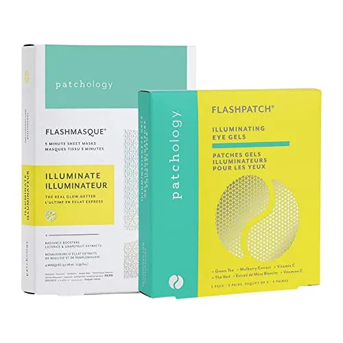 Patchology Bundle with Eye Gels (5 Pairs) and Facial Sheet Masks (4 Count) &mdash; Under Eye Patches For Dark Circles and Puffy Eyes &mdash; Face Mask Skincare Sheet for Moisturizing and Hydrating Skin