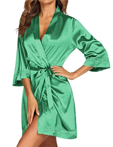 Ekouaer Womens Silky Satin Robe Bridesmaid Lace Trim Robes Dressing Gown Kimono Bathrobes