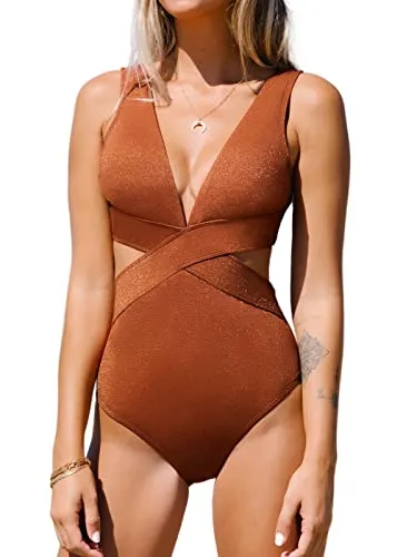 CUPSHE One Piece Swimsuit for Women Bathing Suit V Neck Cutout Sexy Swimwear Wide Straps Back Hook Shiny Texture XL Saddle Brown