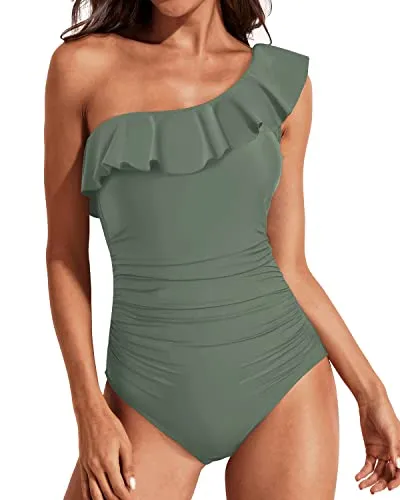 Tempt Me Women One Piece Swimsuits Tummy Control One Shoulder Bathing Suits Ruffle Swimwear Olive Green Medium