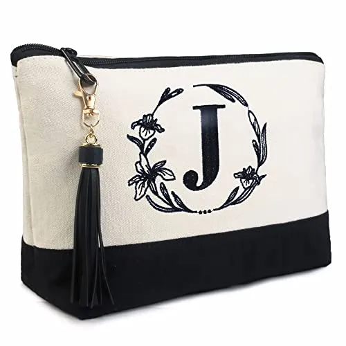 BeeGreen Monogram Makeup Bag for Women Unique Birthday Gifts for Mother Teachers Friends Embroidery Cosmetic Bag with Inner Pocket Toiletry Bag Letter J
