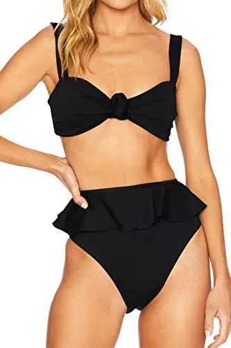 LANNEW Womens High Waisted Bikini Set Ruffled Two Piece Swimsuits Tummy Control Bathing Suits Black
