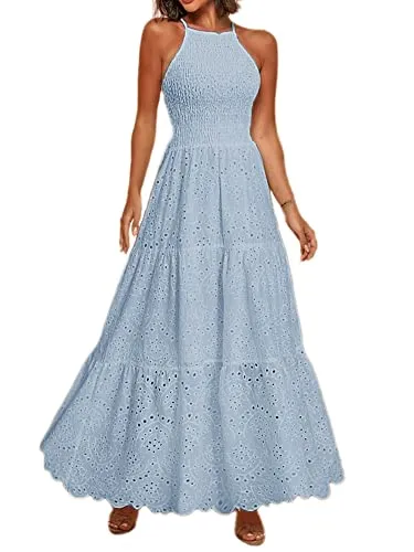 BerryGo Women's Halter Embroidery Eyelet Prom Maxi Dress Backless Elegant Long Cocktail Maxi Dress Light Blue M
