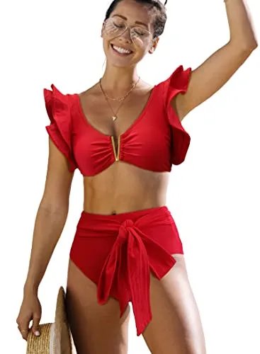 Women High Waisted Swimsuit V Neck Ruffle Bikini Set(Red,Small)