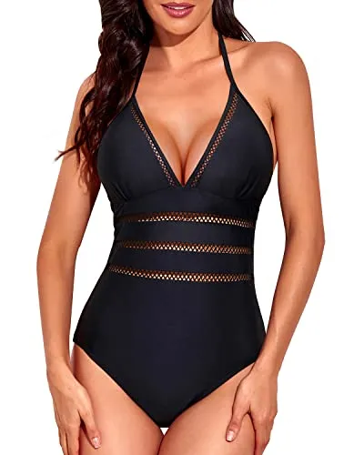 Tempt Me Women Sexy One Piece Swimsuit Halter Plunge V Neck Monokini Hollow Out Bathing Suit Black S