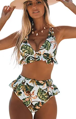 SPORLIKE Ruffle High Waisted Swimsuit Women Triangle Top Bikini Padded Swimwear(Floral 4/Green,Medium)