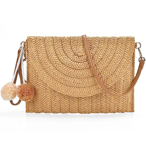 Straw Crossbody Bag For Women Shoulder Beach Vacation Purse And Woven Raffia Handbags Straw Clutch Bags Boho Beige bag