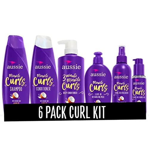 Aussie Miracle Curls Collection: Shampoo, Conditioner, Deep Conditioner, Spray Gel, Detangling Milk, and Oil Hair Treatment (6 Piece Set)