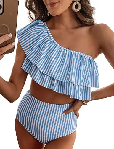 VIMPUNEC Ruffle One Shoulder Swimsuits for Women Striped High Waisted Two Piece Bathing Suits Blue Stripes