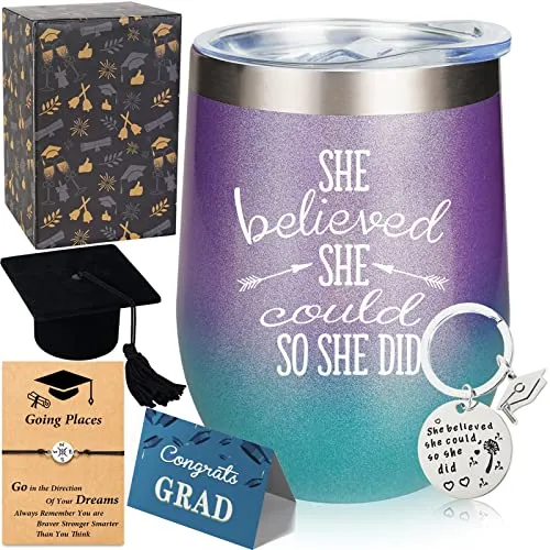 She Believed She Could So She Did, 12 oz Stainless Steel Stemless Wine Tumbler with Keychain, Congratulations, 2023 Graduation, Promotion, Going Away, Job Change, Congrats Gift (Glitter Gradation)