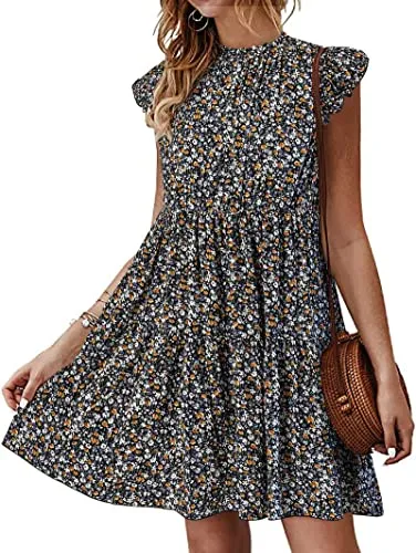 KIRUNDO 2023 Women's Summer Sleeveless Ruffle Sleeve Crew Neck Floral Print Mini Dress Casual Loose Flowy Short Dresses(Floral-Yellow, Large)