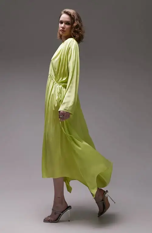 Topshop Ruched Oversize Long Sleeve Satin Maxi Dress in Light Green at Nordstrom, Size Small