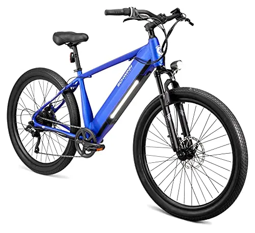 Schwinn Marshall Electric Hybrid Bike for Adults, Small/Medium Step-Over Aluminum Frame, 250W Motor, 7 Speed, 27.5-Inch Wheels, Matte Blue