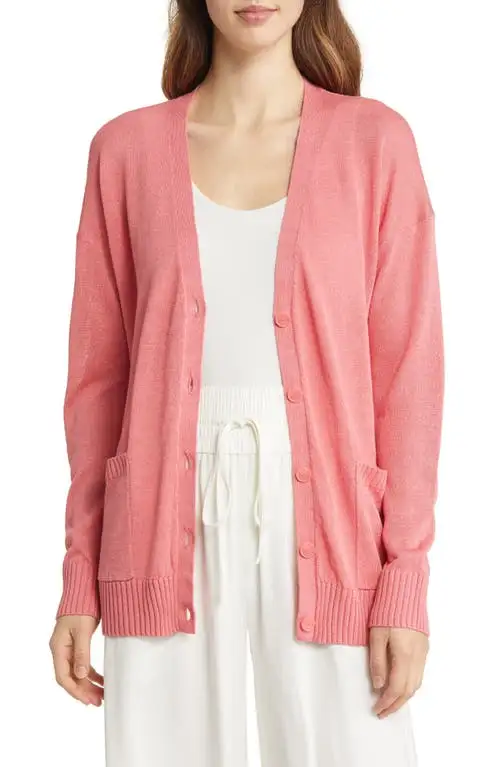 Nordstrom Linen Blend Cardigan in Coral Rose Tea at Nordstrom, Size X-Small