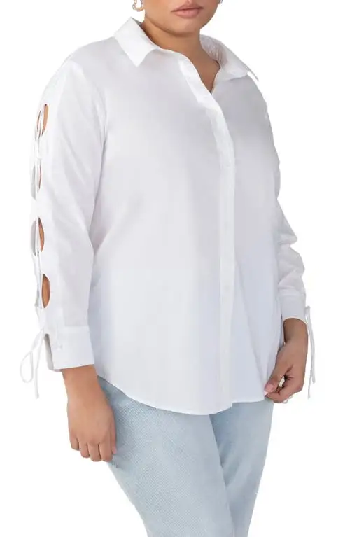 Sanctuary Lace Sleeve Button-Up Shirt in White at Nordstrom, Size 3X